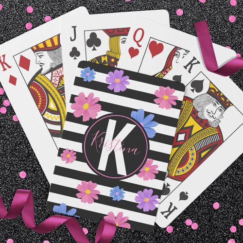 Trendy Floral Black  White Stripes Personalized Playing Cards