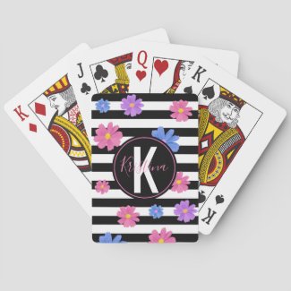 Trendy Floral Black & White Stripes Personalized Playing Cards