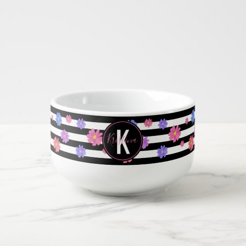 Trendy Floral Black  White Stripes Personalized Soup Mug