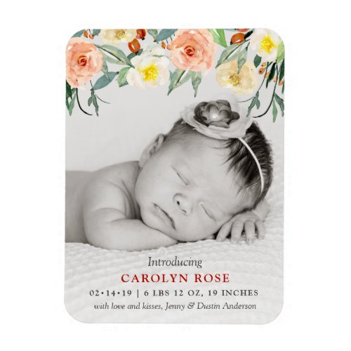 Trendy Floral Blooms Photo Birth Announcement Magnet