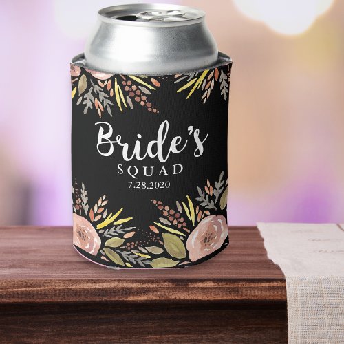 Trendy Floral Bride Squad Custom Wedding Date Can Cooler