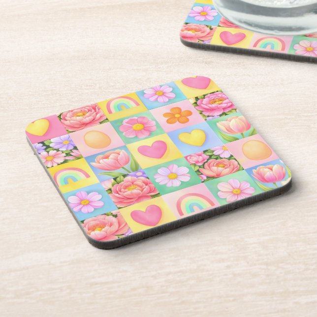 Trendy Floral Checkerboard Spring Pattern Beverage Coaster (Left Side)