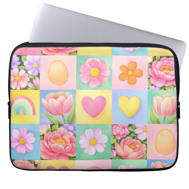 Trendy Floral Checkerboard Spring Pattern Laptop Sleeve (Front)