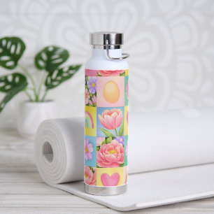 Trendy Floral Checkerboard Spring Pattern Water Bottle
