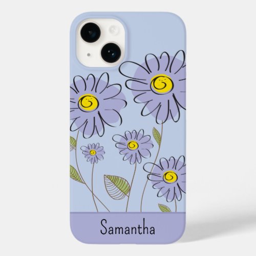 Trendy Floral Daisies Purple and Blue Monogrammed Case_Mate iPhone 14 Case