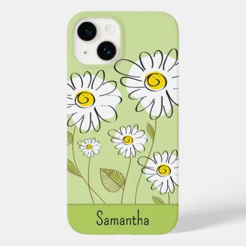 Trendy Floral Daisies Yellow and Green Monogrammed Case_Mate iPhone 14 Case