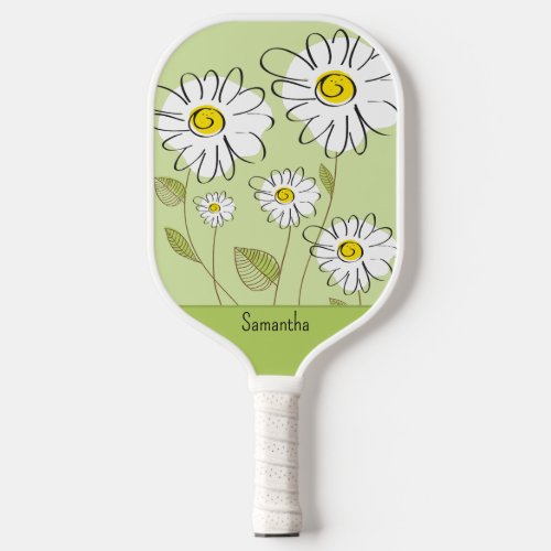 Trendy Floral Daisies Yellow and Green Monogrammed Pickleball Paddle