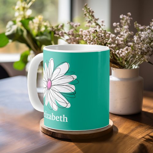 Trendy Floral Daisy Illustration _ Pink and Green Coffee Mug