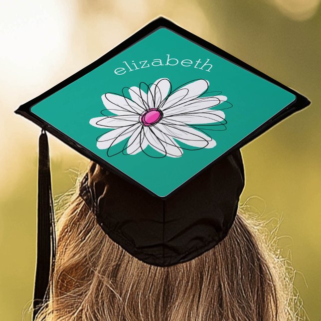 Trendy Floral Daisy Illustration - Pink and Green Graduation Cap Topper (Custom Graduation Cap Topper)