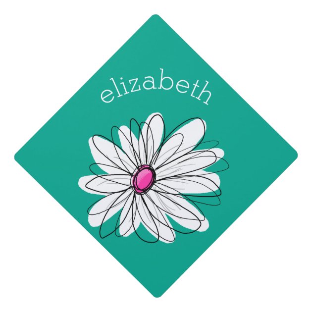Trendy Floral Daisy Illustration - Pink And Green Graduation Cap Topper