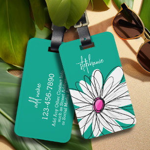Trendy Floral Daisy Illustration - Pink and Green Luggage Tag