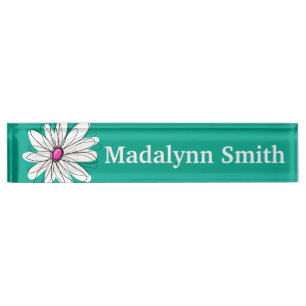 Trendy Floral Daisy Illustration - Pink and Green Name Plate