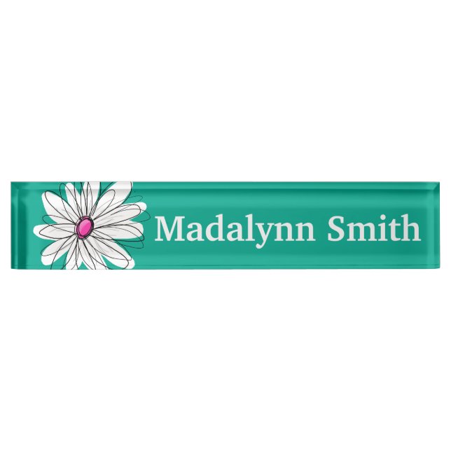 Trendy Floral Daisy Illustration - Pink and Green Name Plate (Front)