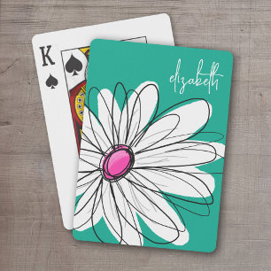 Trendy Floral Daisy Illustration - Pink and Green Poker Cards