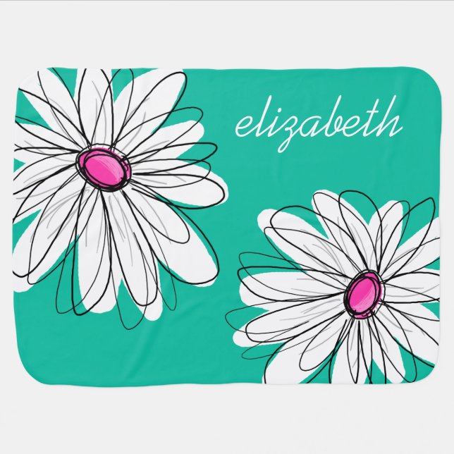 Trendy Floral Daisy Illustration - Pink and Green Swaddle Blanket (Horizontal)