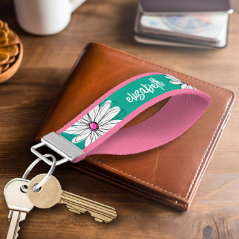 Trendy Floral Daisy Illustration - Pink And Green Wrist Keychain by MarshEnterprises at Zazzle