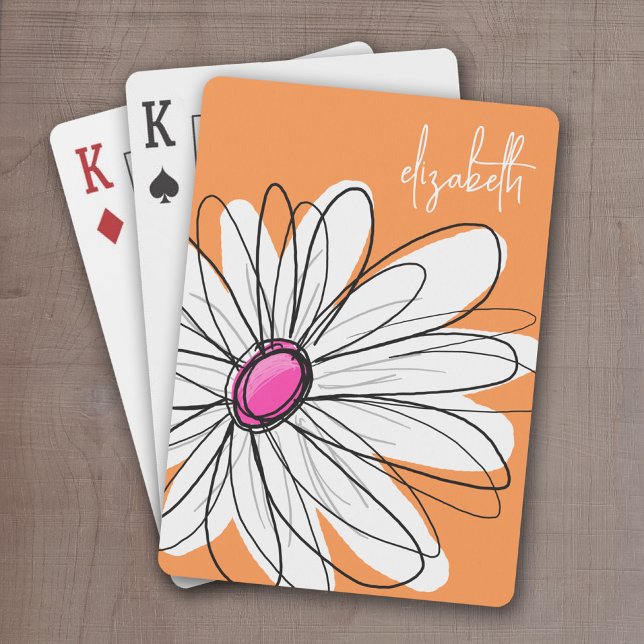Trendy Floral Daisy Illustration - Pink and Orange Poker Cards (Whimsical Daisy Drawing with a place to add your name - personalized playing cards)