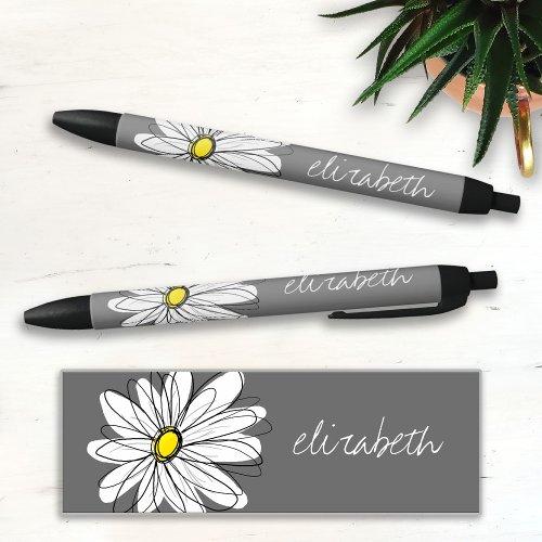 Trendy Floral Daisy with gray yellow custom name Black Ink Pen