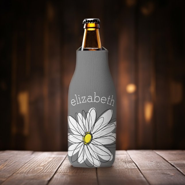 Trendy Floral Daisy with gray yellow custom name Bottle Cooler (Whimsical Daisy - Personalize this bottle cooler with your monogram.)