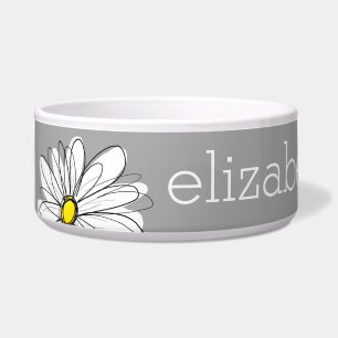 Trendy Floral Daisy with gray yellow custom name Bowl