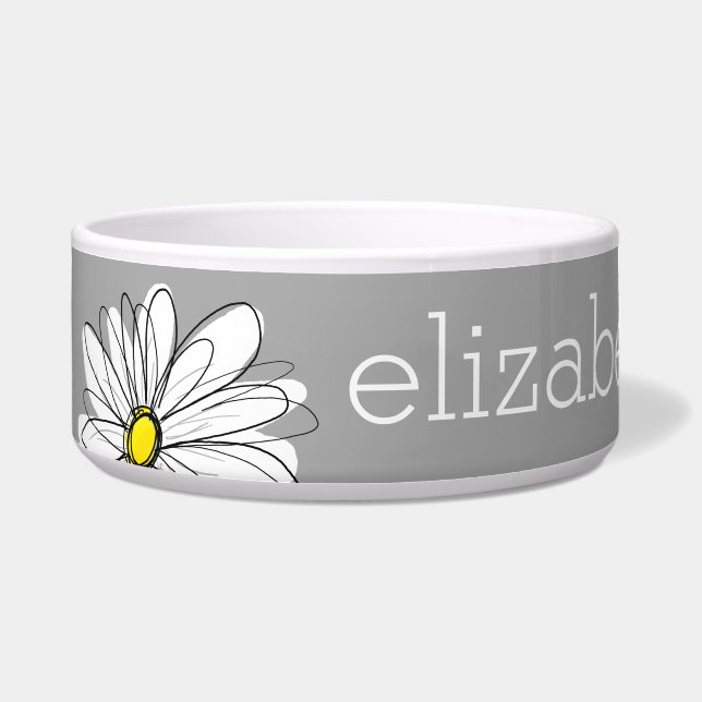 Trendy Floral Daisy with gray yellow custom name Bowl (Front)