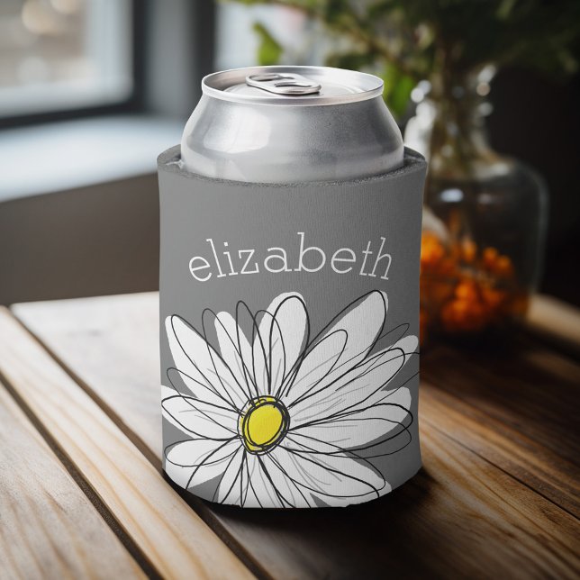 Trendy Floral Daisy with gray yellow custom name Can Cooler (Personalized can cooler with custom text)