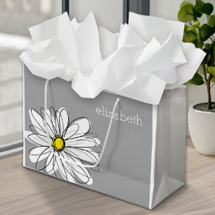 Trendy Floral Daisy with gray yellow custom name Large Gift Bag