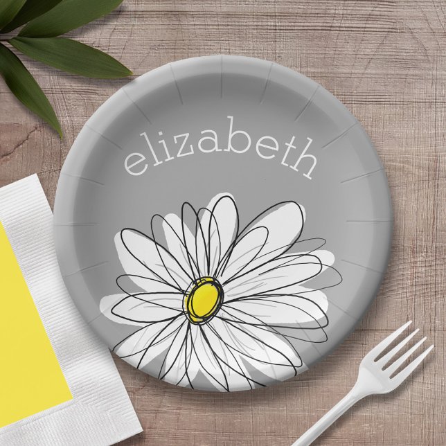 Trendy Floral Daisy with gray yellow custom name Paper Plates (Personalized party plate with area for name - whimsical daisy )