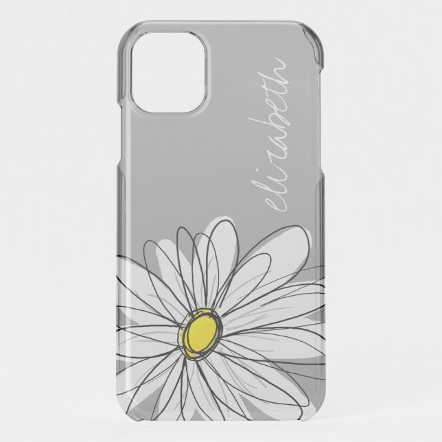 Trendy Floral Daisy with gray yellow custom name Uncommon iPhone Case (Back)