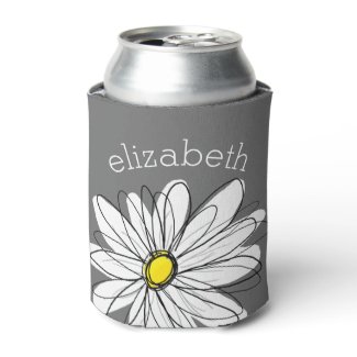 Trendy Floral Daisy with gray yellow custom name Can Cooler