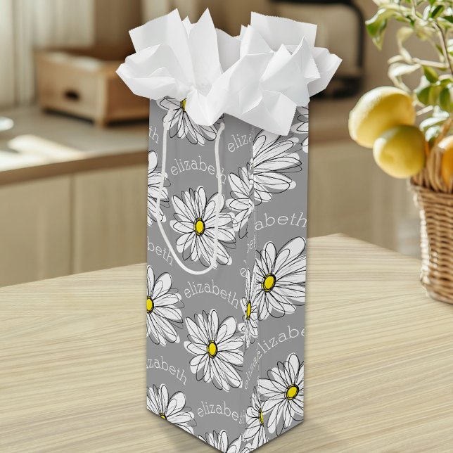 Trendy Floral Daisy with gray yellow custom name Wine Gift Bag (Custom Gift Bag )