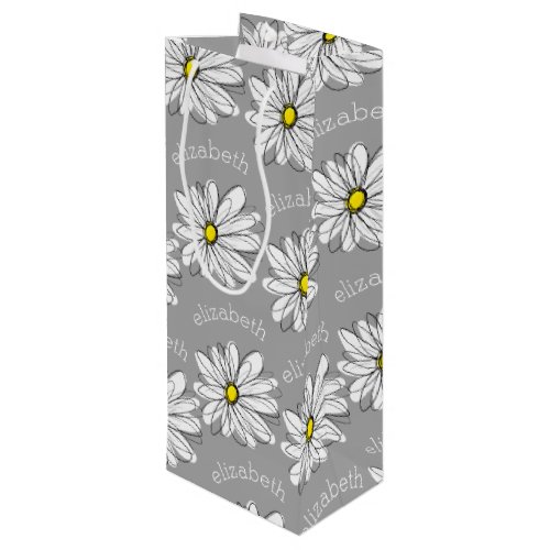 Trendy Floral Daisy with gray yellow custom name Wine Gift Bag
