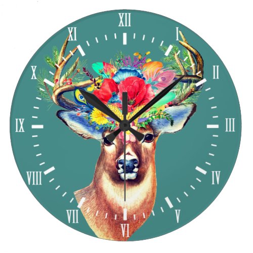Trendy Floral Deer Antlers Illustration Large Clock