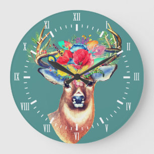 Trendy Floral Deer Antlers Illustration Large Clock