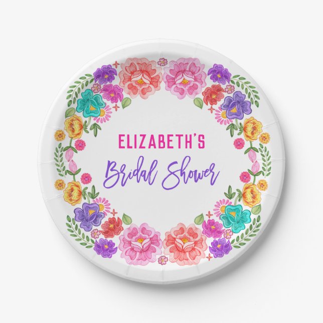 Trendy Floral Fiesta Mexican Bridal Shower Paper Plates (Front)