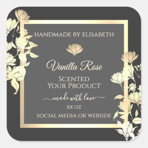 Trendy Floral Gray Packaging Labels and Gold Frame