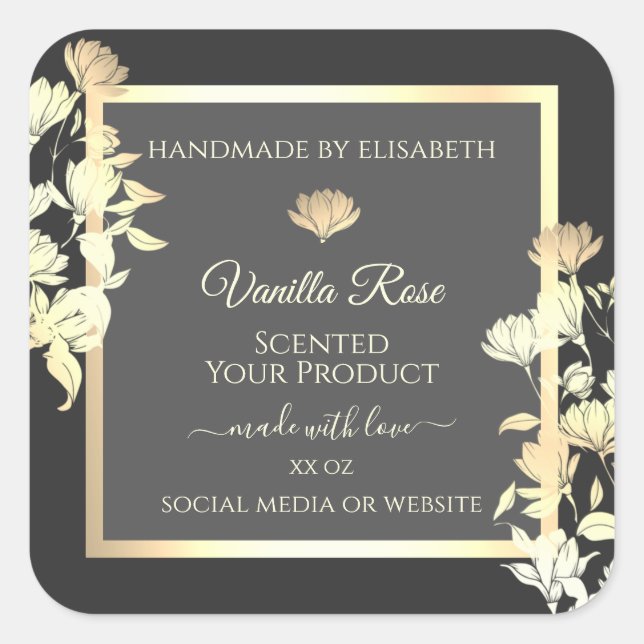 Trendy Floral Gray Packaging Labels and Gold Frame (Front)