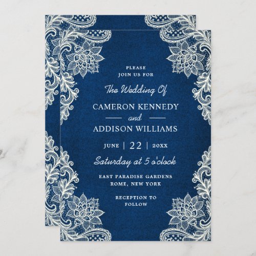 Trendy Floral Lace Elegant Teal Blue Wedding Invitation