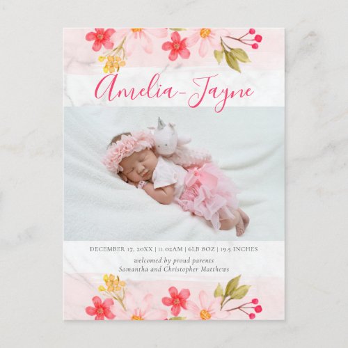 Trendy Floral Marble Photo Birth Announcement Postcard