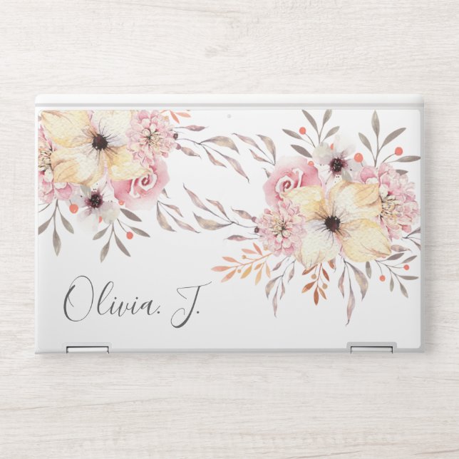 Trendy Floral Monogram Name HP Laptop Skin (Front)
