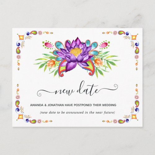 Trendy Floral Paisley Indian Wedding New Date Postcard