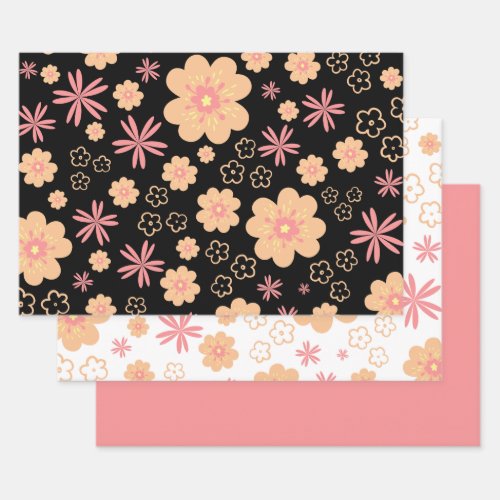 Trendy Floral Pattern and Sweet Plain Pink Wrapping Paper Sheets
