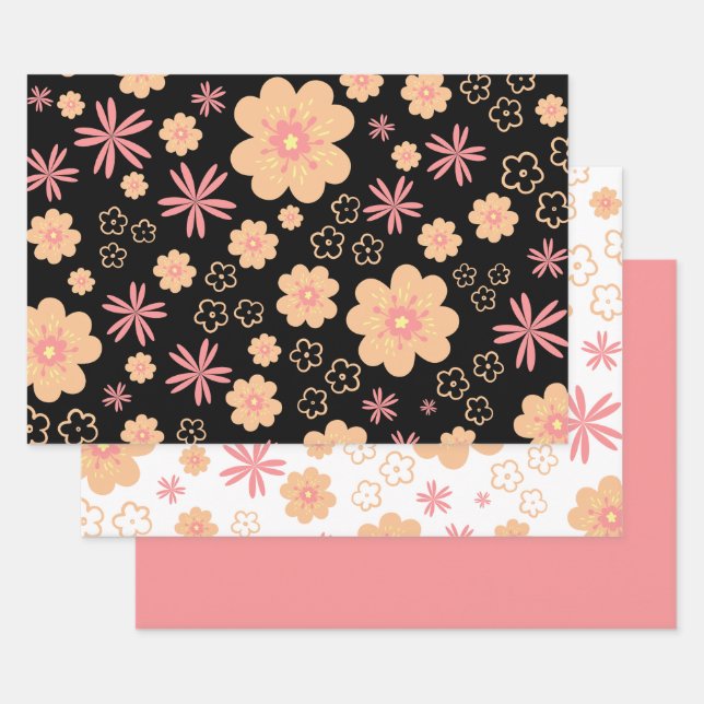 Trendy Floral Pattern and Sweet Plain Pink Wrapping Paper Sheets (Set)