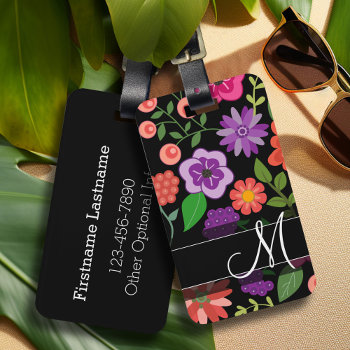 Trendy Floral Pattern Hot Pink And Black Monogram Luggage Tag by icases at Zazzle