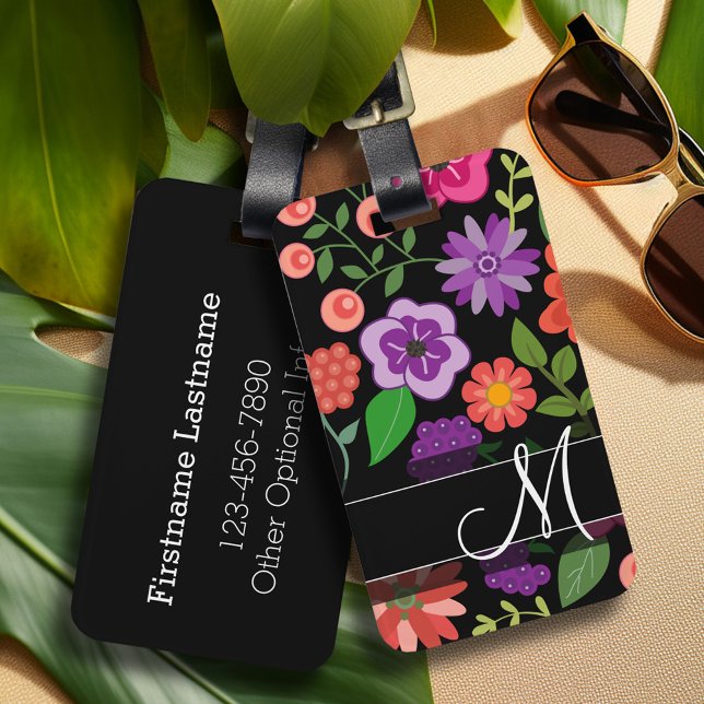 Trendy Floral Pattern Hot Pink and Black Monogram Luggage Tag (Personalized luggage tag with retro flower pattern and monogram - add contact information on back)