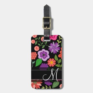 Trendy Floral Pattern Hot Pink and Black Monogram Luggage Tag