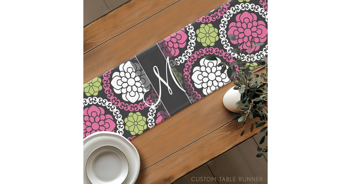 Trendy Floral Pattern Hot Pink and Black Monogram Short Table Runner ...