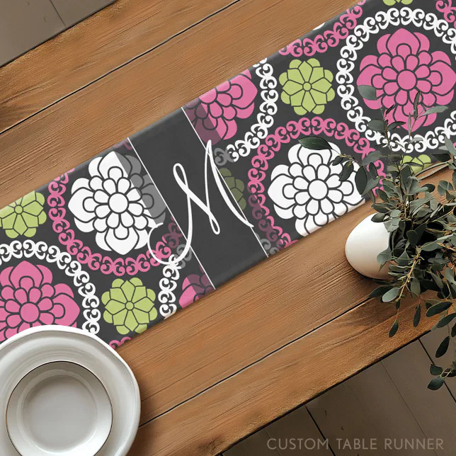 Trendy Floral Pattern Hot Pink and Black Monogram Short Table Runner ...
