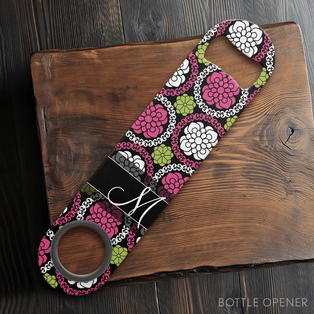 Trendy Floral Pattern Hot Pink and Black Monogram Speed Bottle Opener (Custom Bar Key)
