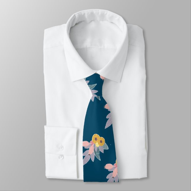 Trendy floral pattern on navy blue neck tie (Tied)